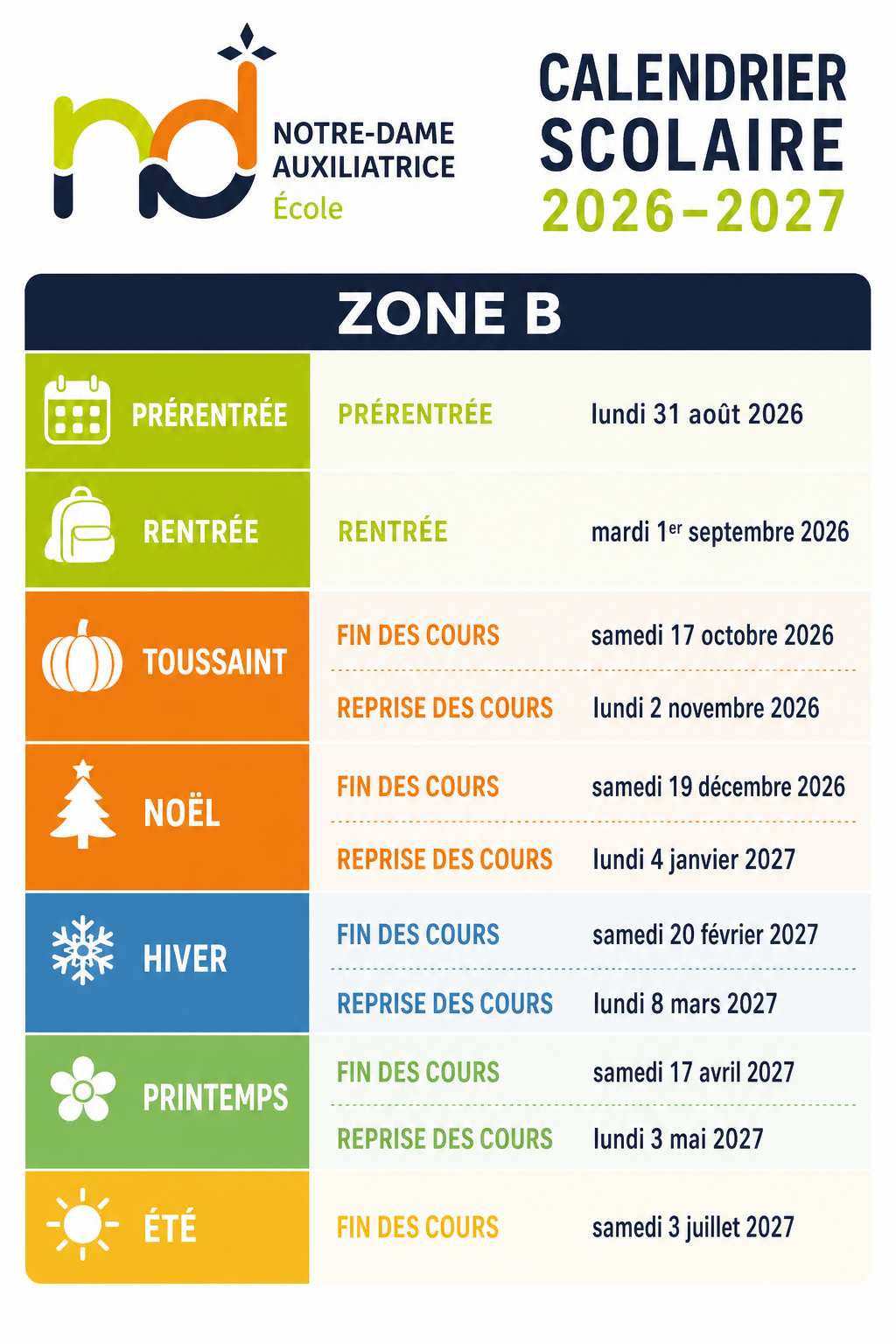 calendrier scolaire 2026 2027
